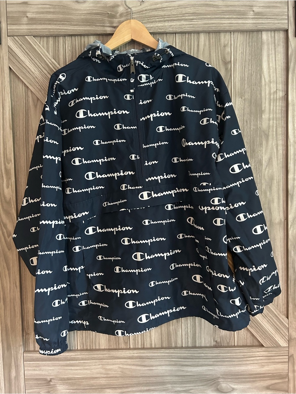 Champion Mens Packable Windbreaker Jacket All-Over Print Logo Script Navy Size L
